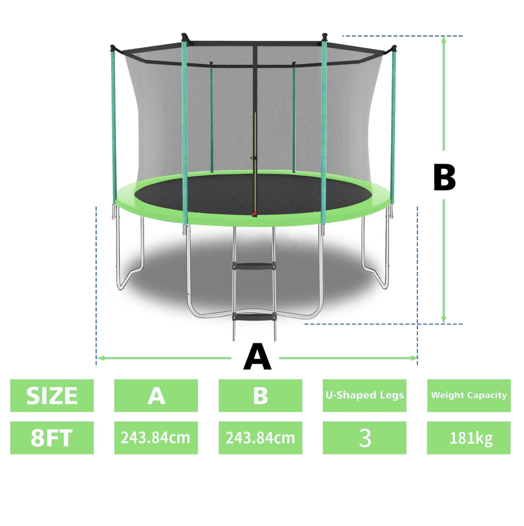 TRAMPOLINO da esterno e interno 243,84 x 243,84 cm Verde con rete di sicurezza e scala