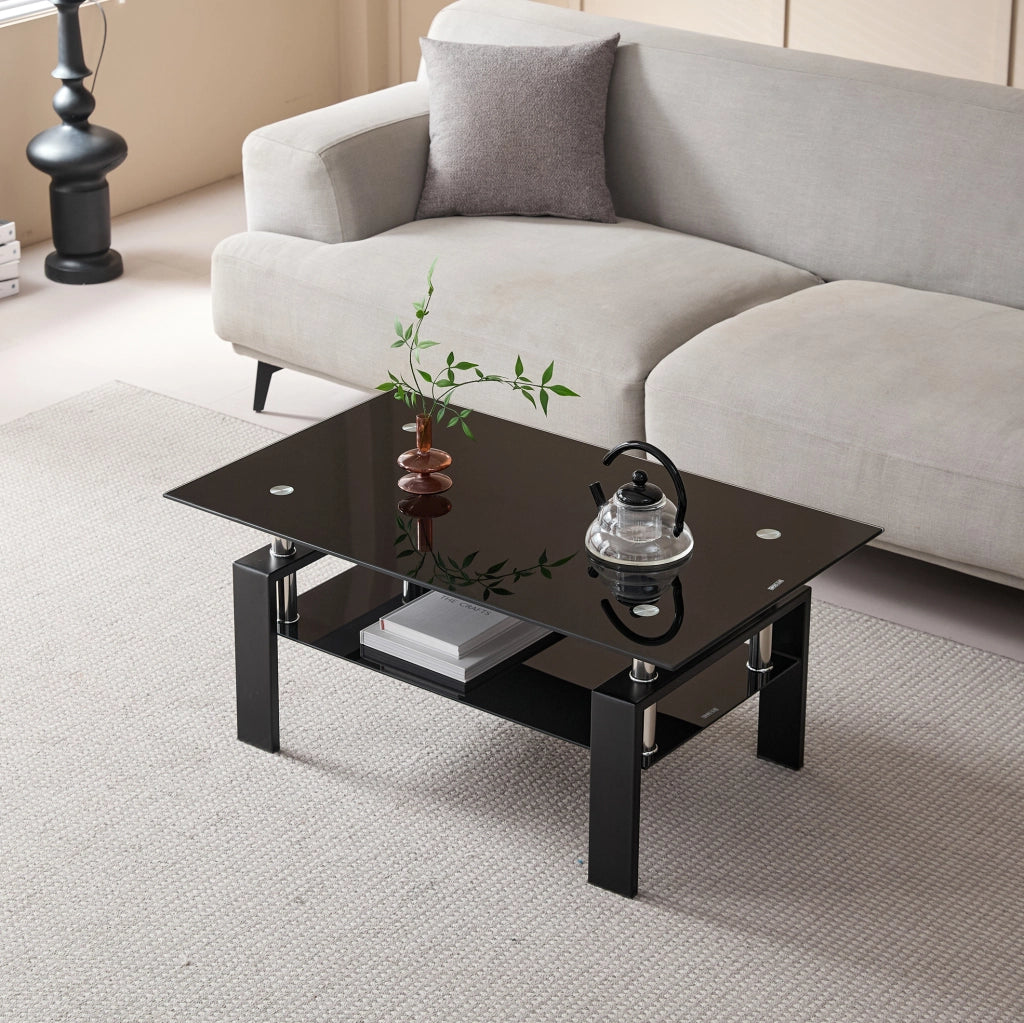 Tavolino da salotto ULEVR 100x60x44 cm a due ripiani in vetro temperato e metallo, nero