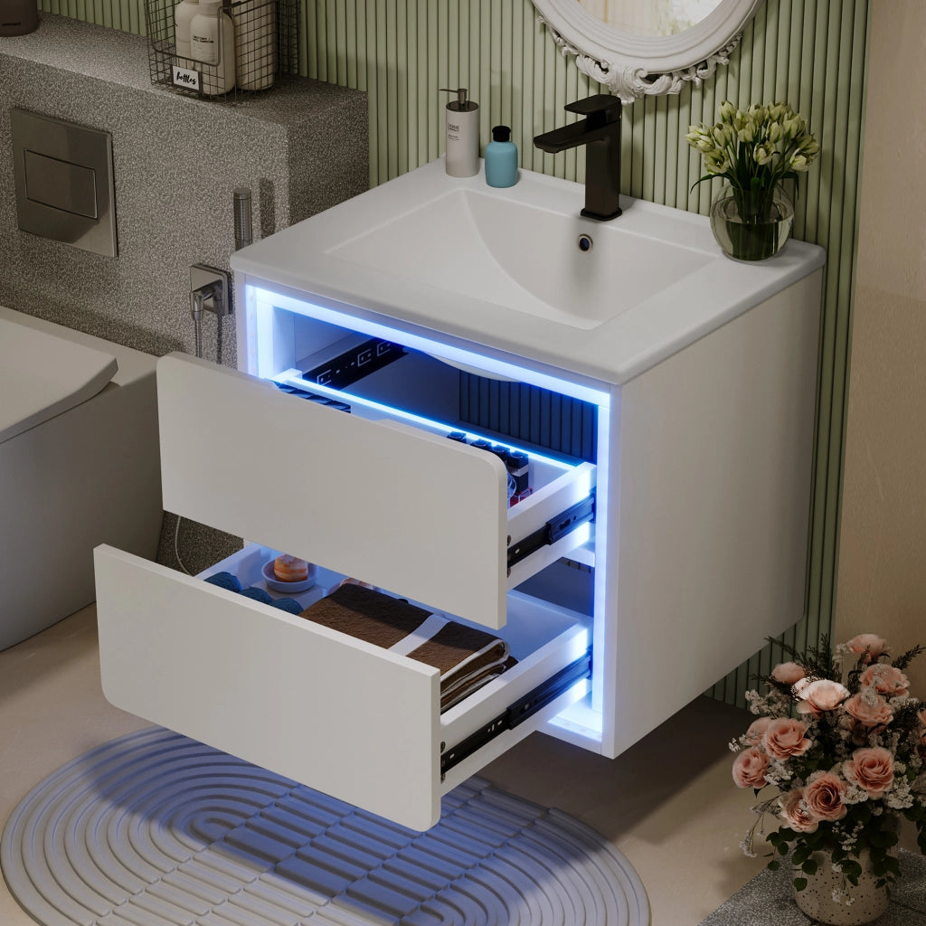 Mobile bagno sospeso 60 cm con lavabo integrato e sensore LED; 2 cassetti; in MDF e ceramica; bianco