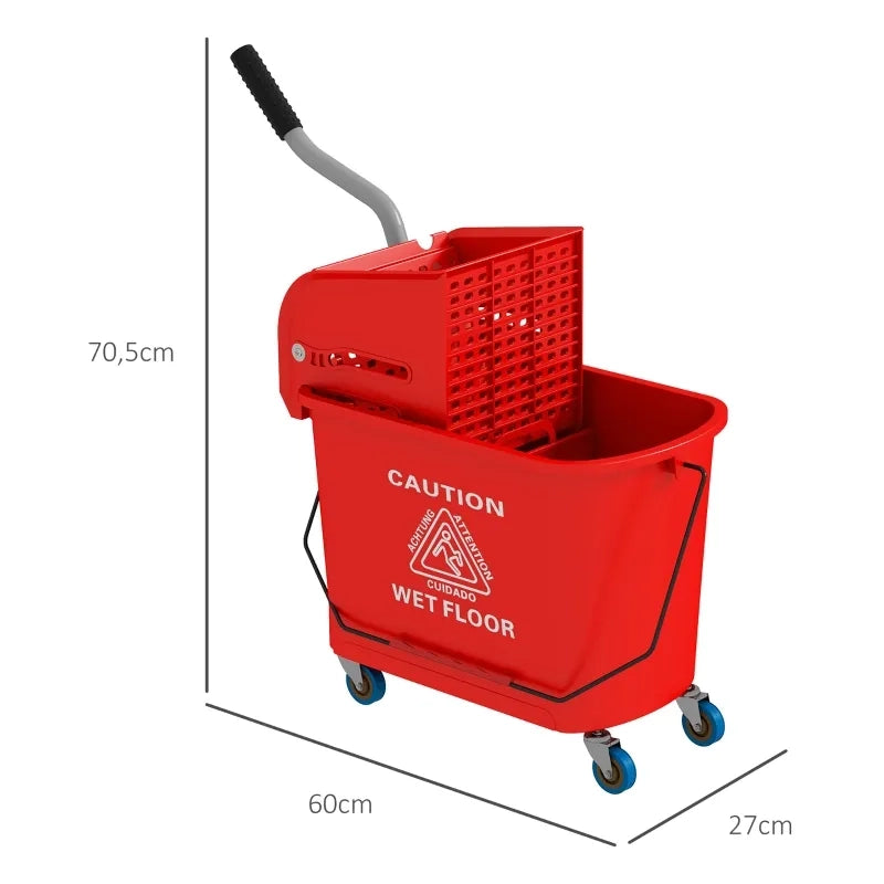 Secchio per mop da 20 L con strizzatore e manico, su ruote, in plastica, rosso