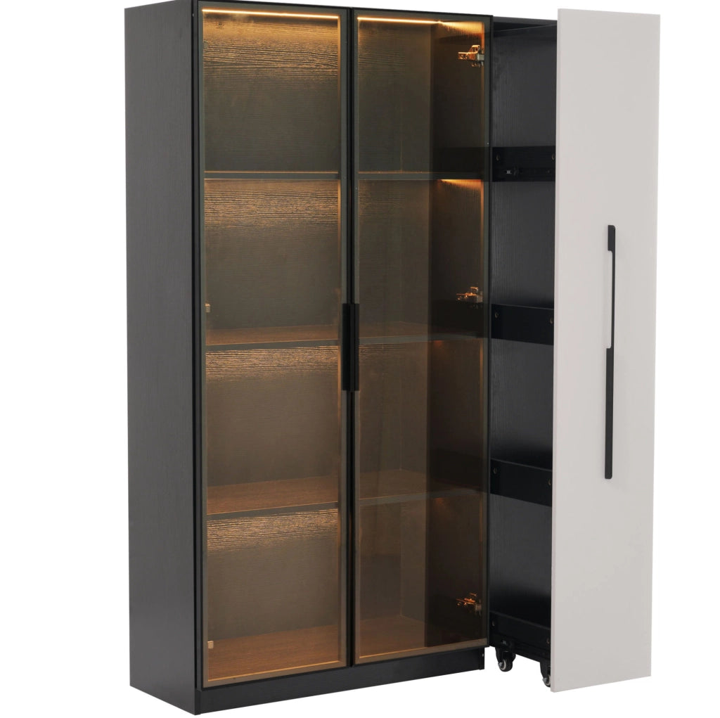 Mobile vetrina 110,5x35x160 cm con LED e modulo estraibile in MDF bianco e nero