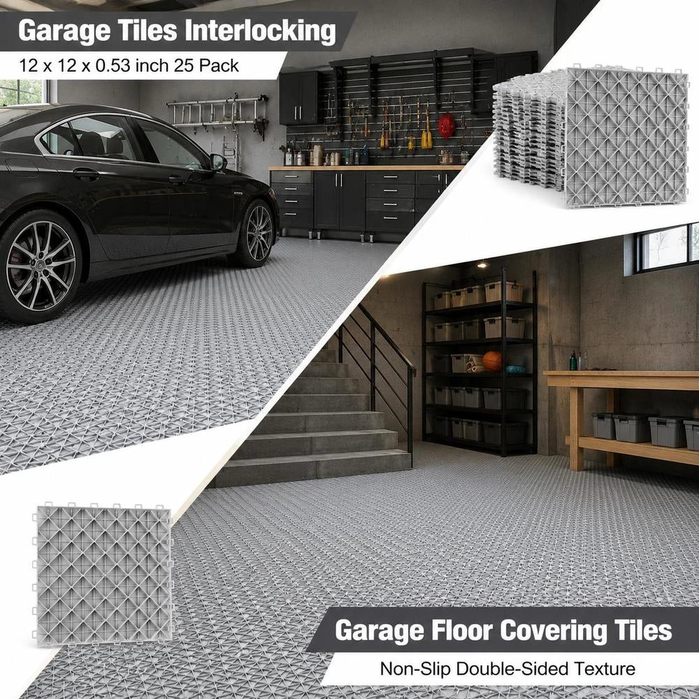 Garage Floor Fittings, 305 X 305 X 13.4 Mm, Set Of 25, Industrial Flooring, Non-slip Double-sided Textured Garage Flooring, For Garages, Basements, Repair Shops, Silver