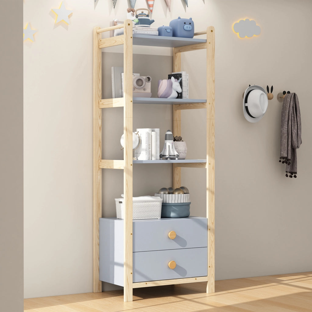 Set guardaroba e scaffale con appendiabiti 4 ripiani aperti e 4 cassetti in legno e MDF blu e naturale