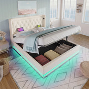 Letto contenitore imbottito 160x200 cm in PU bianco con LED e USB Type-C