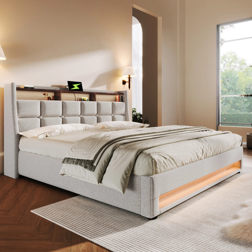 LETTO imbottito LED e USB 160x200 cm Beige con vano contenitore