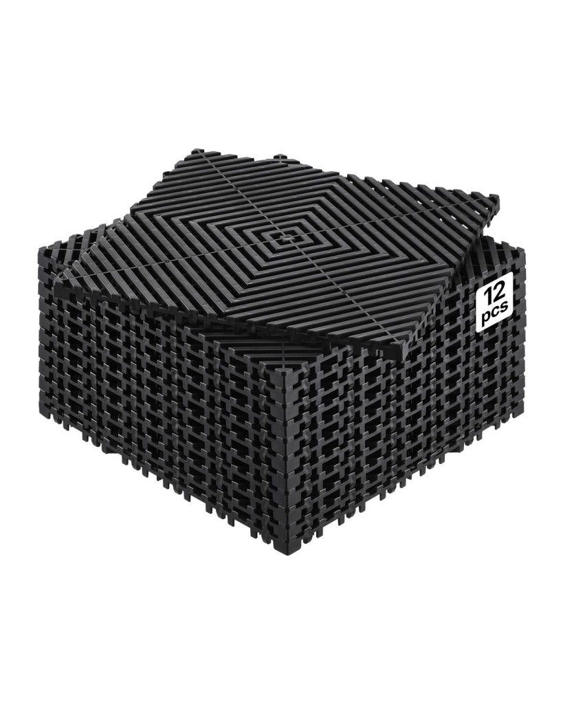 Set 12 Pezzi Piastrelle Drenanti ad Incastro 310 x 310 mm in PP Nero Tappetino Modulare Antiscivolo per Garage Doccia ed Esterno