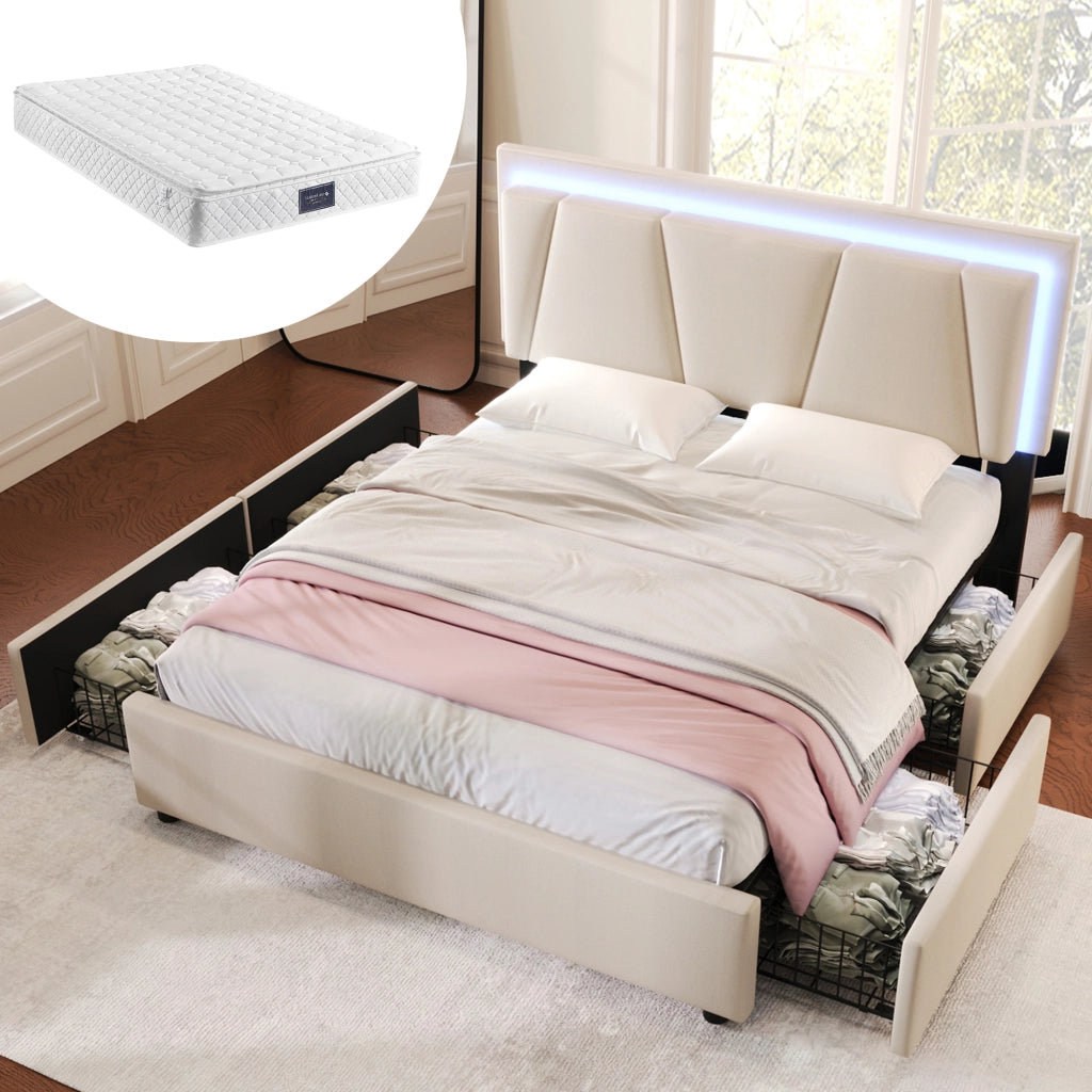 Letto matrimoniale imbottito 160x200 cm beige con 4 cassetti