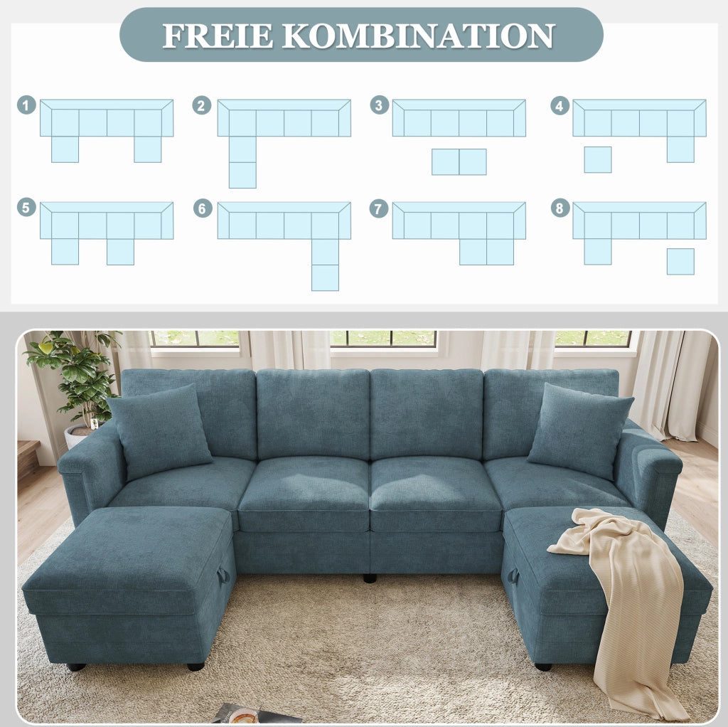Divano modulare blu in ciniglia 261x134x82 cm con 2 pouf contenitore; USB e Type-C