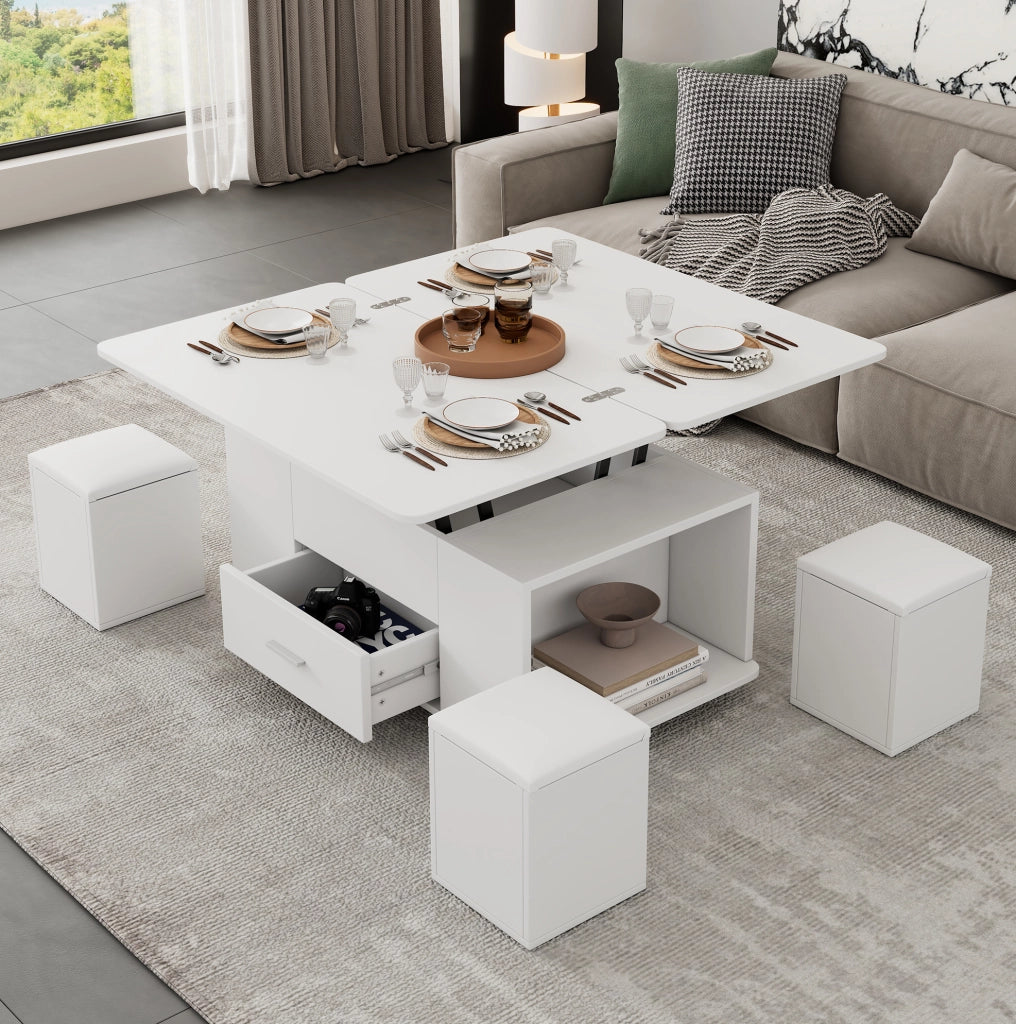 TAVOLO da caffè sollevabile 100 x 50 cm bianco con 4 sgabelli