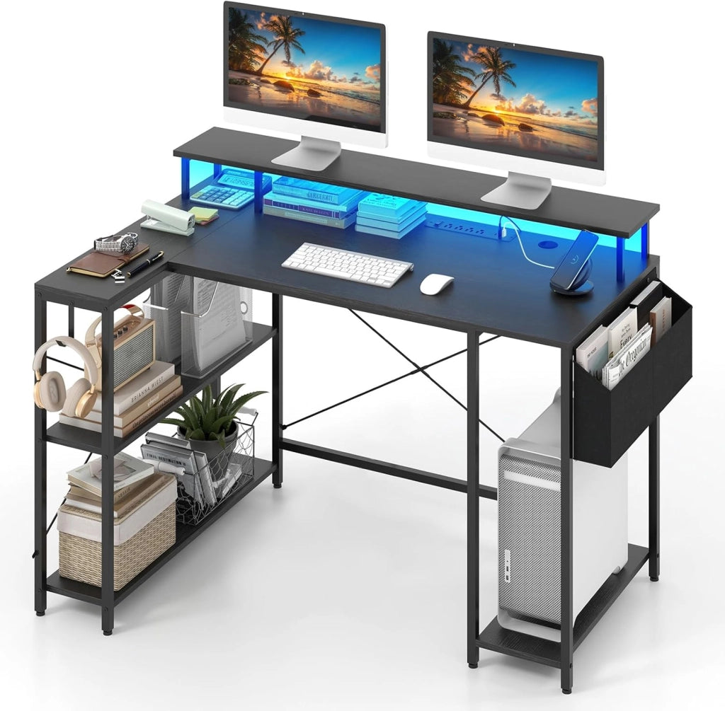 Scrivania Angolare da Gaming, Scrivania Salvaspazio a Forma di L con Luci LED, Stazione di Ricarica, Ripiani e Supporto per Monitor, Scrivania ad Angolo per Casa e Ufficio (Nero)