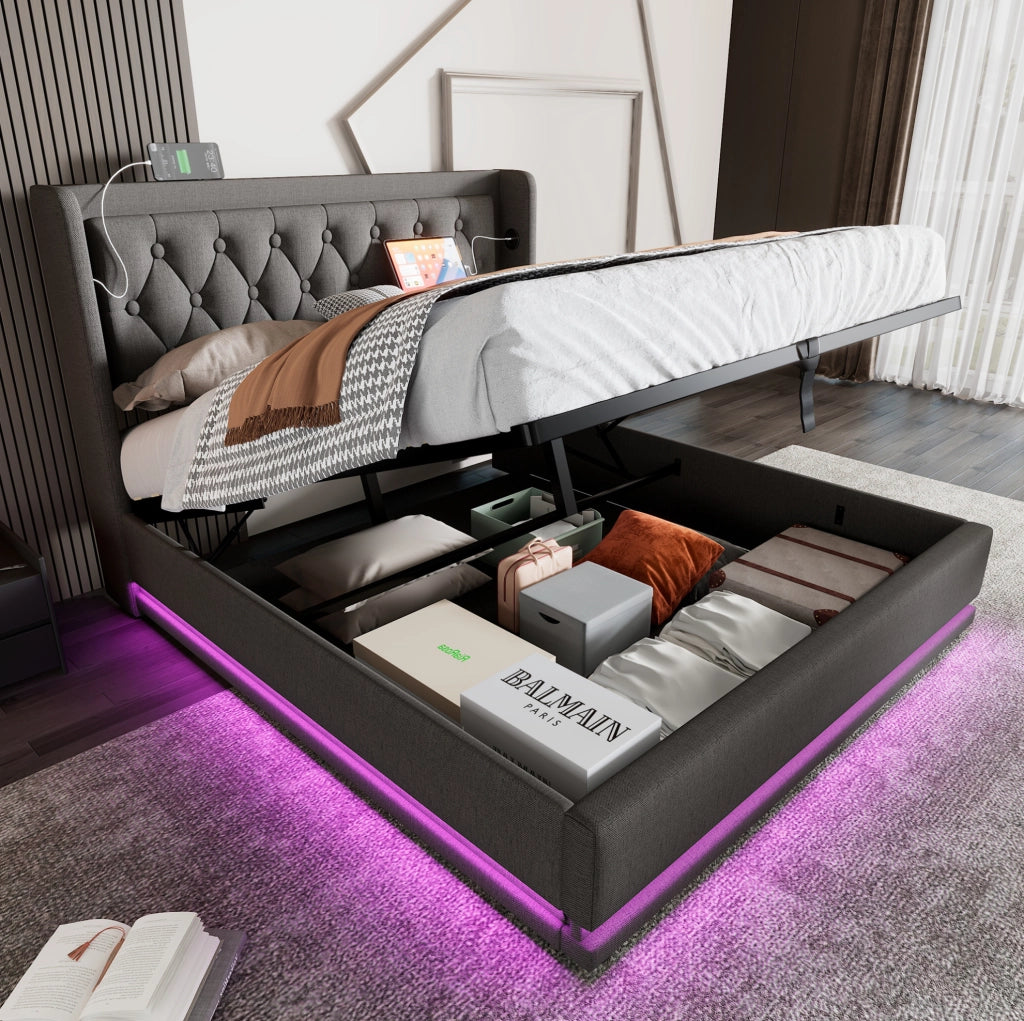 Letto matrimoniale contenitore 160x200 cm in cotone grigio con LED; USB e Type-C