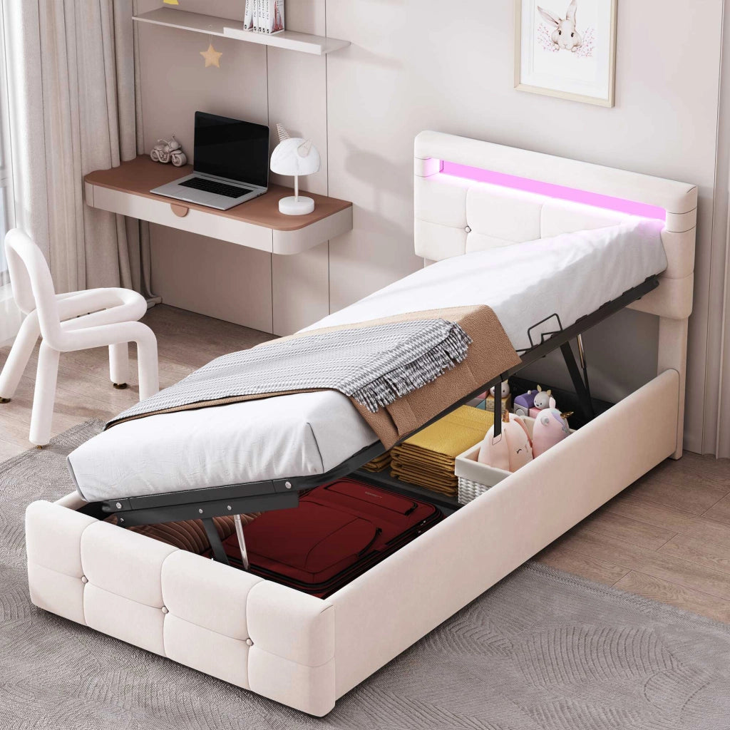 Letto contenitore 90x200 cm con LED e testiera regolabile; in velluto; beige