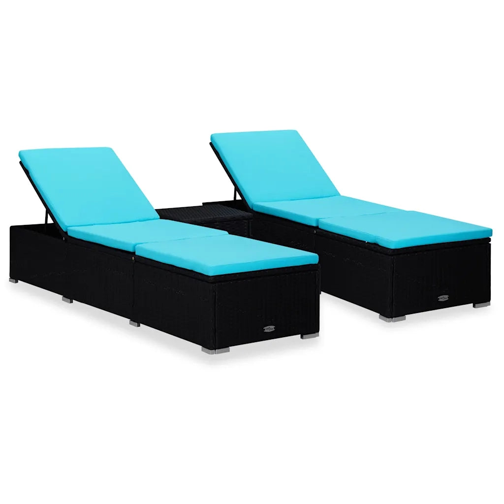 Lettini Prendisole con Tavolino 3 pz in Polyrattan Nero 3057668
