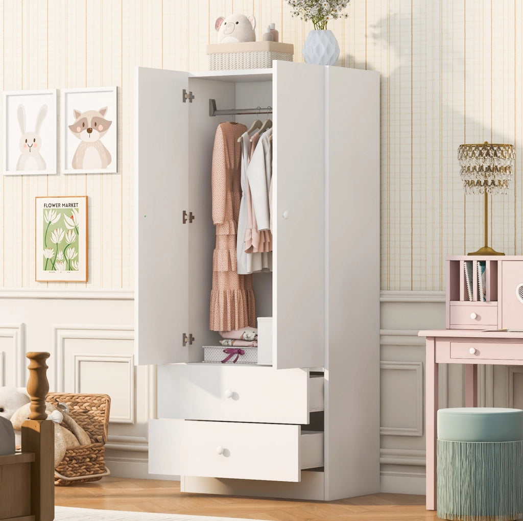 Armadio singolo 70x40x170 cm con due cassetti, design bicolore bianco e rosa