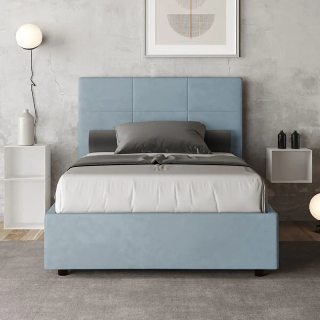 Letto una piazza e mezza senza rete imbottito 120x210 microfibra azzurro Mika
