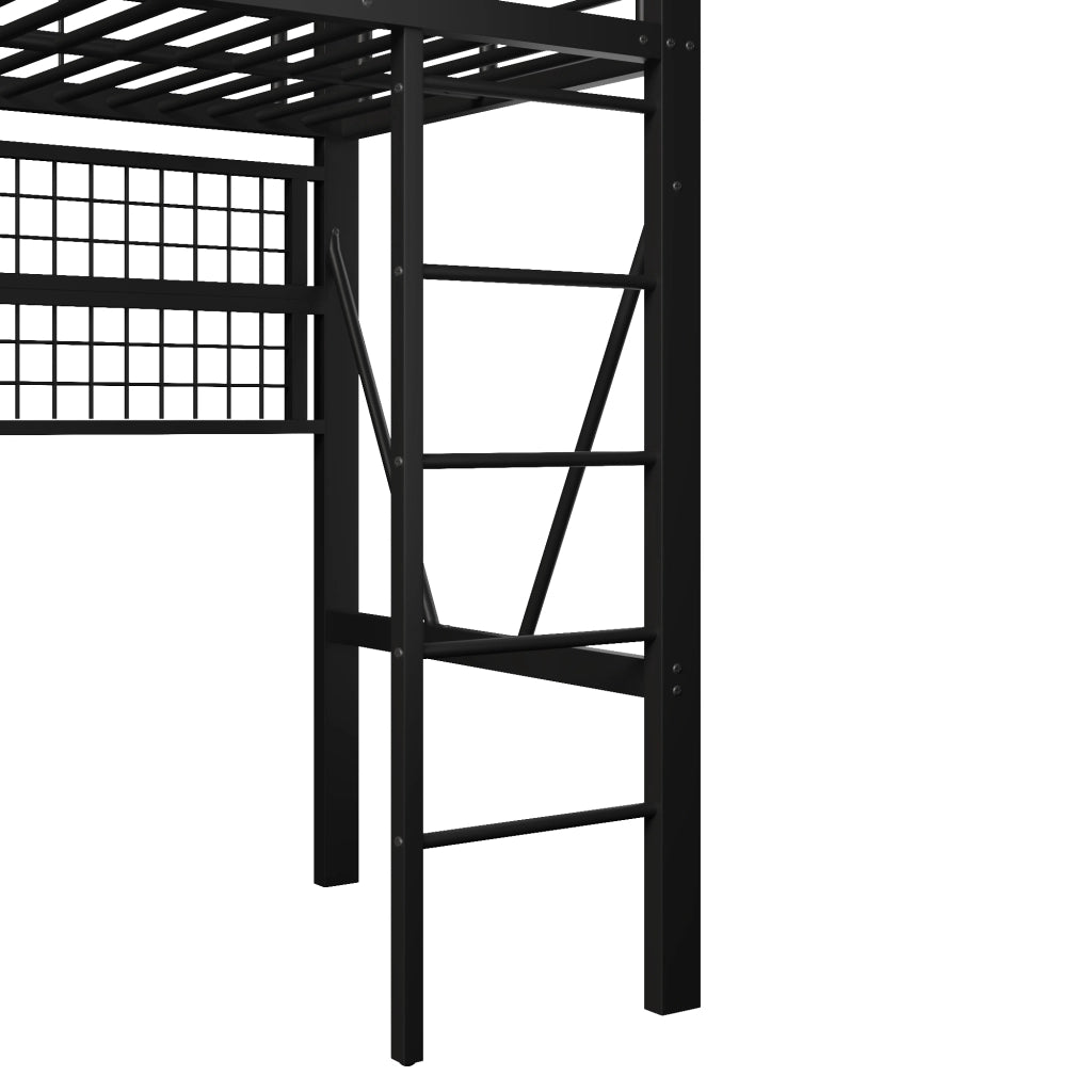 Letto per bambini a soppalco 90x200 cm con LED; ripiani e rete appendiabiti; metallo e MDF nero