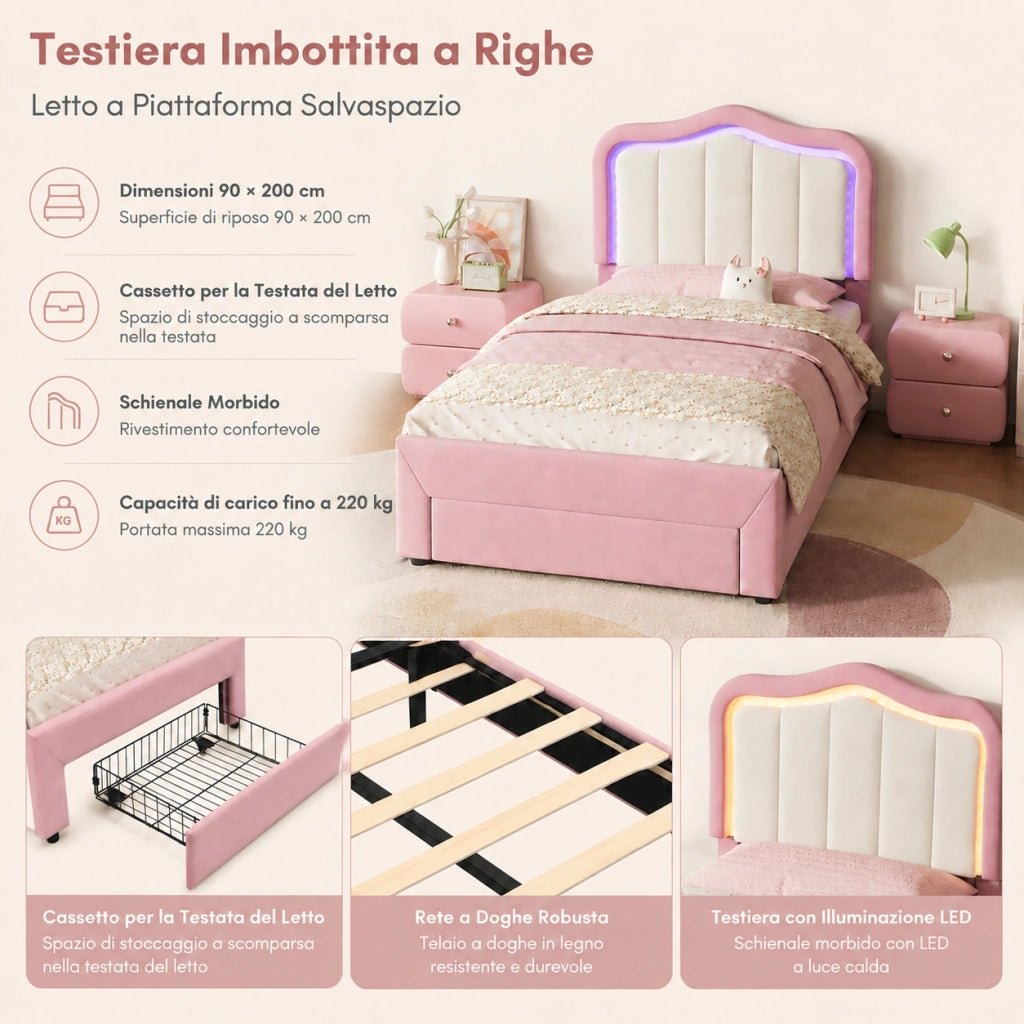 Letto imbottito per bambini 90 x 200 cm con cassetto e LED; velluto rosa