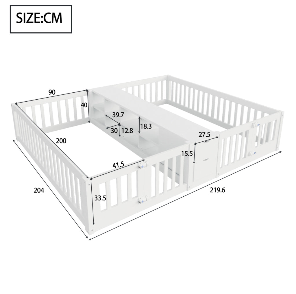 Letto doppio in legno 90x200 cm con scaffale e 2 cassetti; bianco