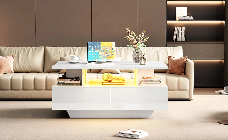 TAVOLINO DA CAFFÈ 90x55x41 cm Bianco lucido con LED e 2 cassetti