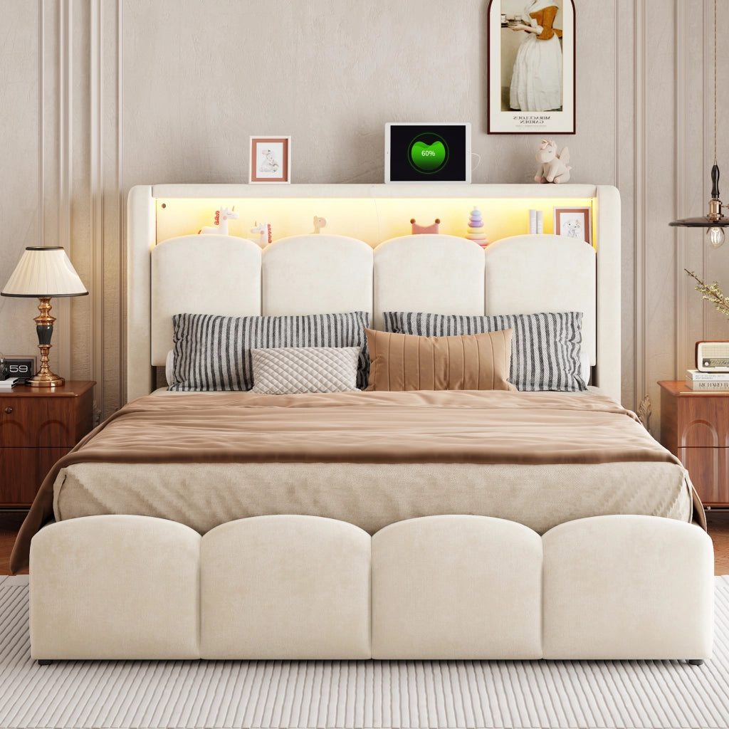 Letto matrimoniale imbottito 140 × 200 cm con contenitore idraulico velluto beige USB e Type-C LED