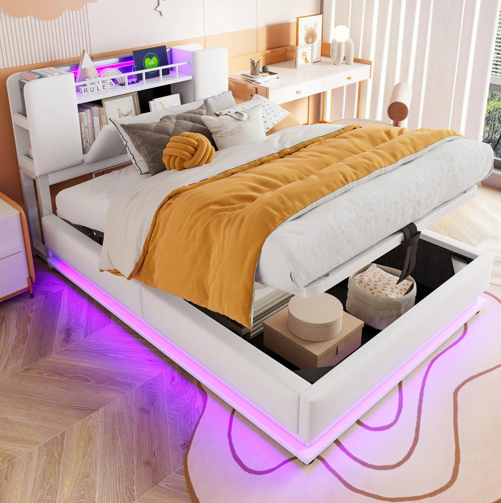 Letto imbottito per bambini 90x200 cm con LED, USB e contenitore idraulico, beige