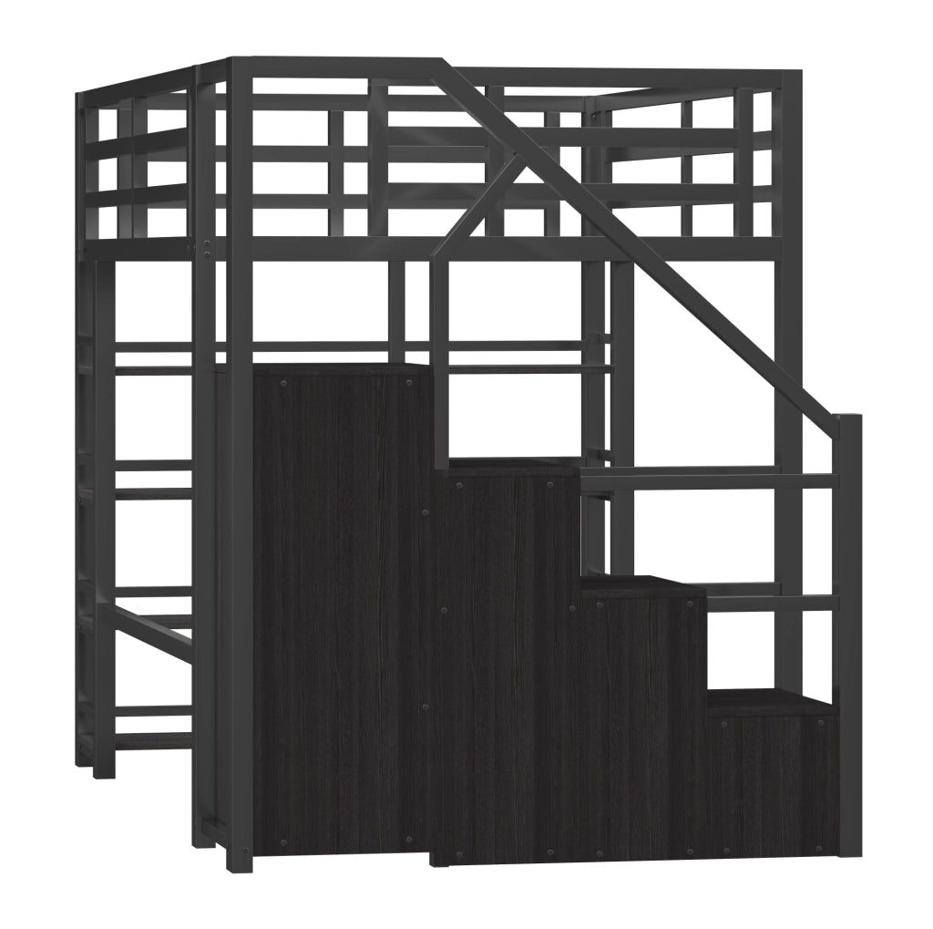 Letto a soppalco 140x200 cm con LED; libreria; armadio e scala contenitore; nero