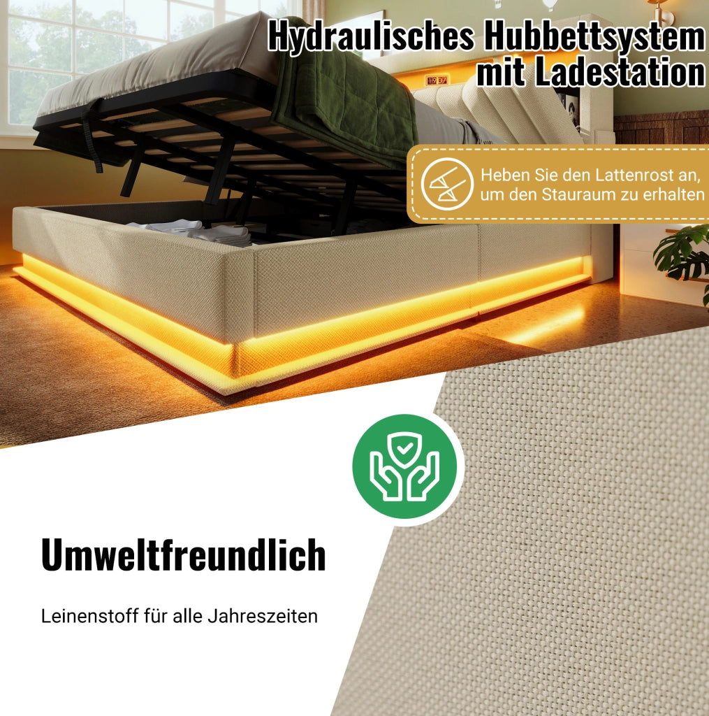 LETTO contenitore 90x200 cm in lino beige con LED e ricarica USB/Type-C