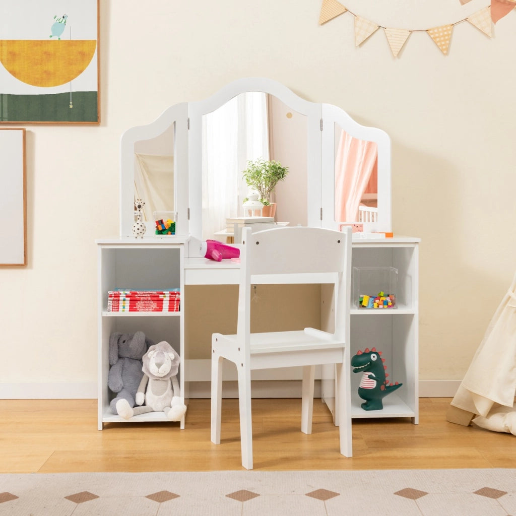 Set tavolo da trucco sedia per bambini con specchio a 3 ante rimovibile, Set 2-in-1 di vanit¨¤ per ragazze Bianco