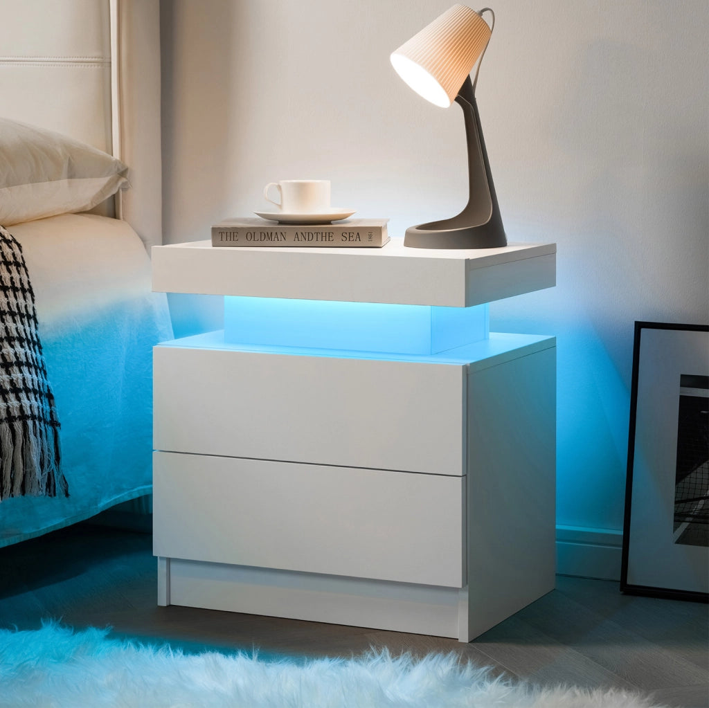 Comodino moderno bianco con LED multicolore regolabile; 2 cassetti e vano a giorno