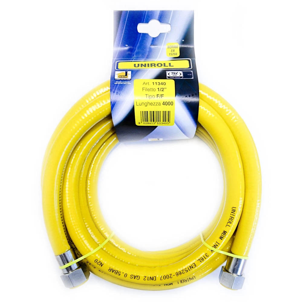 Tubo flessibile gas 4 mt metri 1/2" FF inox a norma EN 15266  per piano cottura/cucina  UNIROLL