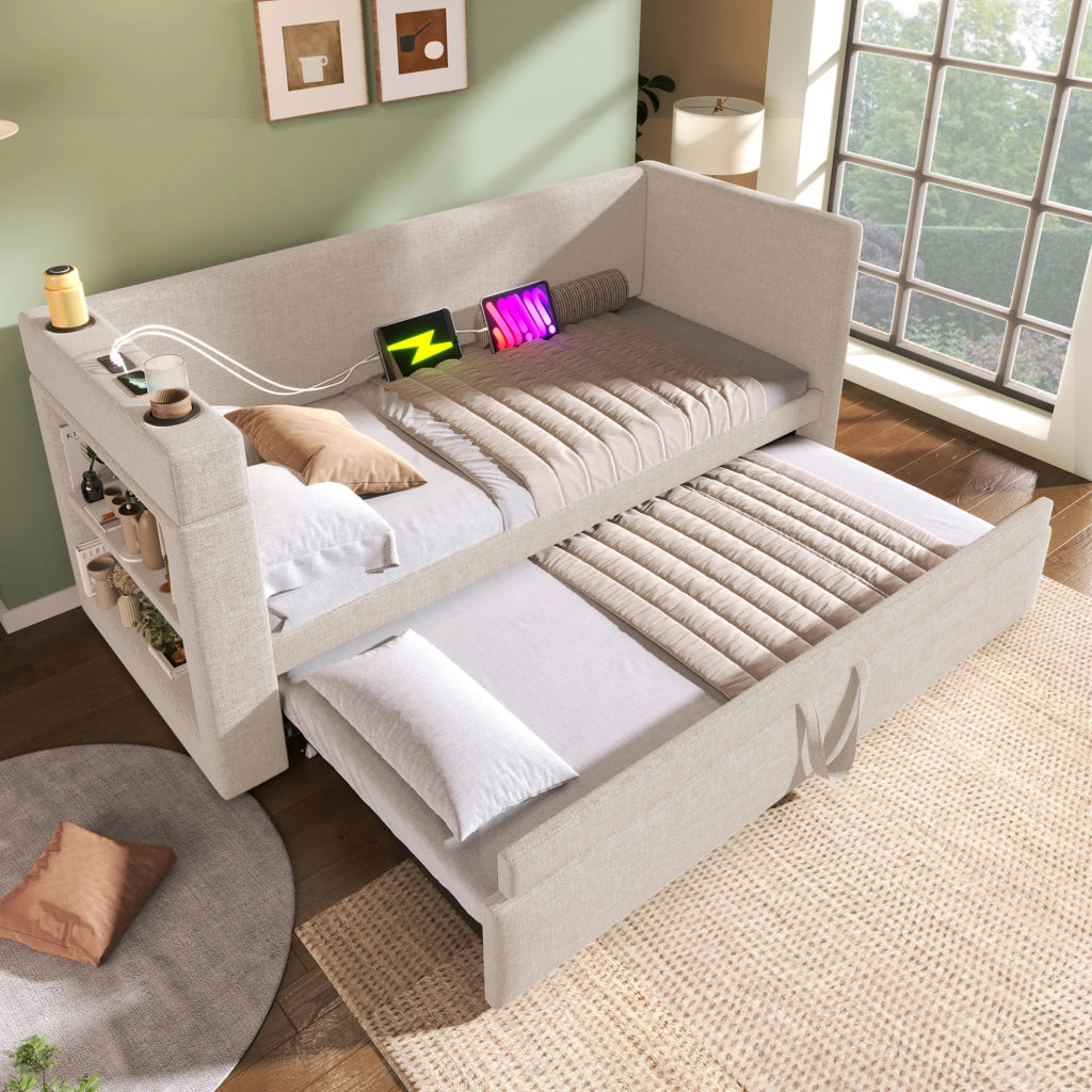 Daybed imbottito 90x190 cm con letto estraibile, USB, Type-C e portabicchieri