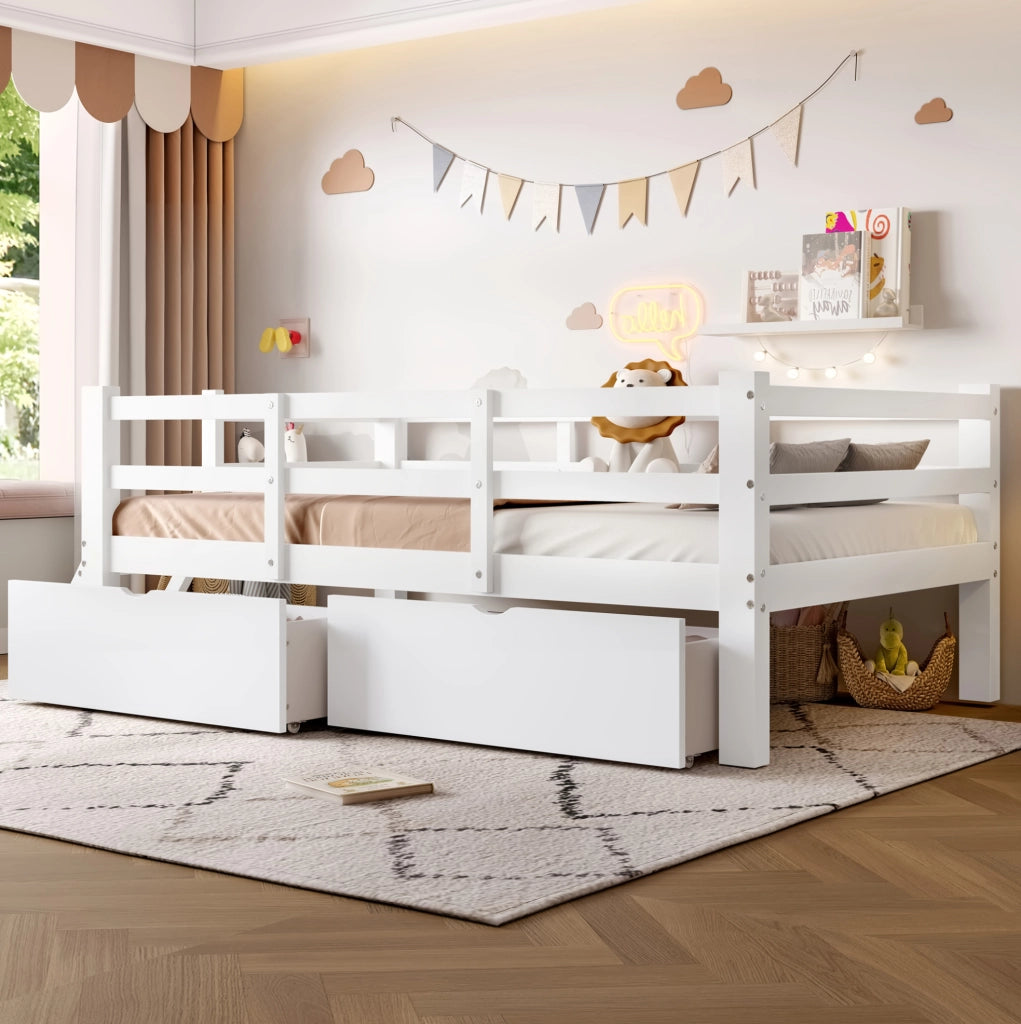 Letto a piattaforma 90x200 cm con sponde; 2 cassetti; MDF e compensato; bianco