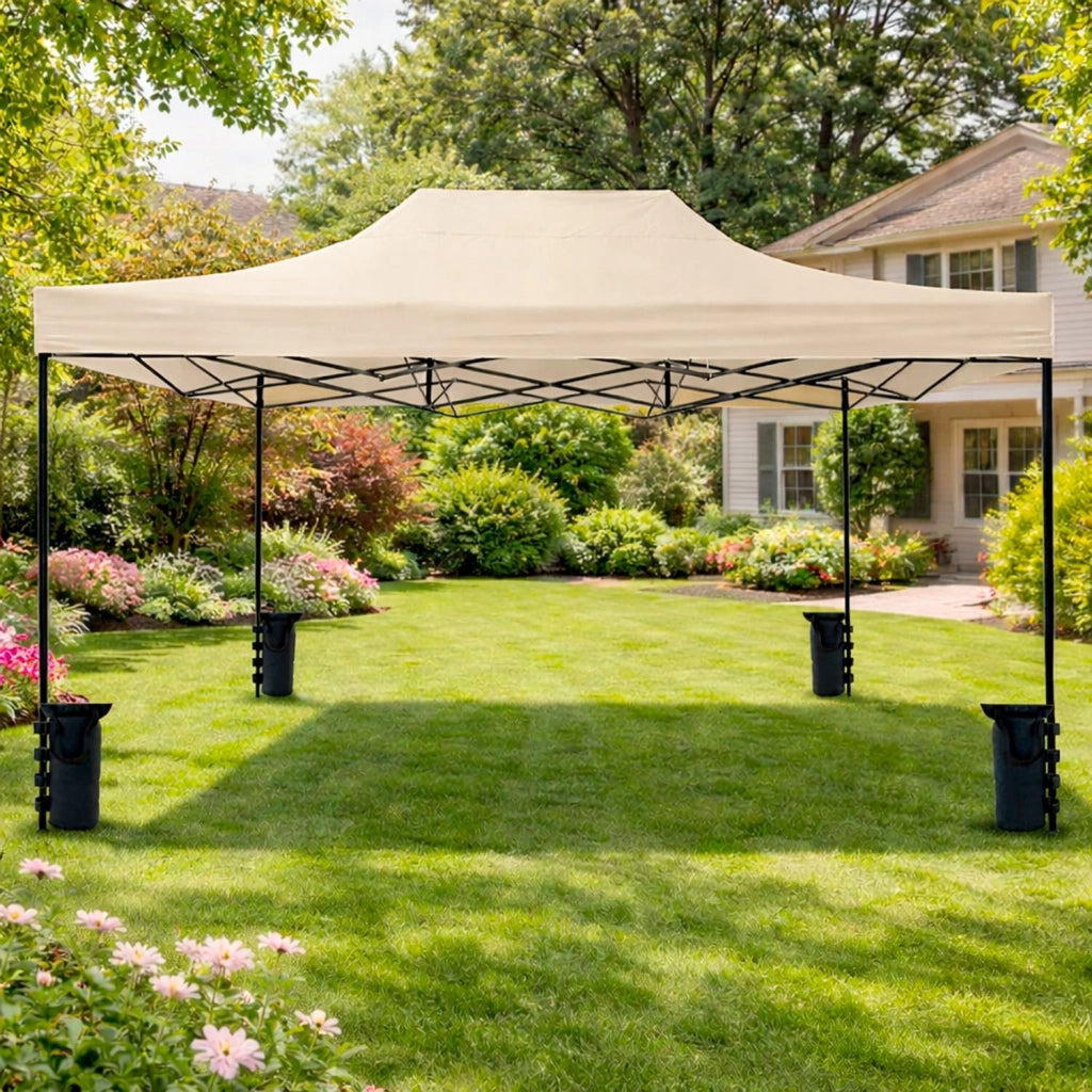 Gazebo Professionale 3x4.5 M Richiudibile Automatico In Acciaio Con Telo Oxford 1200D PVC Impermeabile e Anti UV Struttura a Fisarmonica con Sacche Zavorra e Borsa Trasporto Sagre Feste Colore: Beige