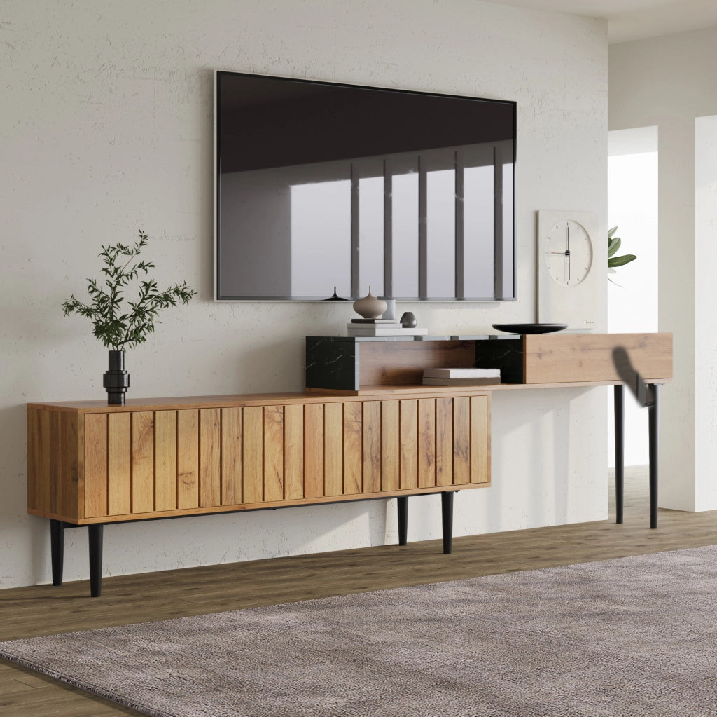 Mobile TV con ripiani in MDF e truciolare, gambe in ferro e design marmo