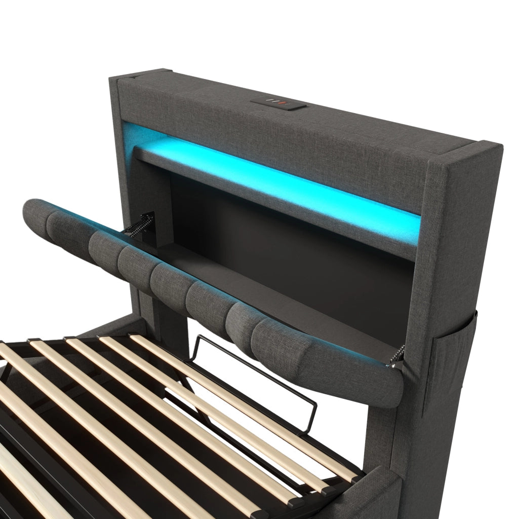 Letto singolo imbottito 90x200 cm con contenitore, USB Type-C, LED e materasso, grigio