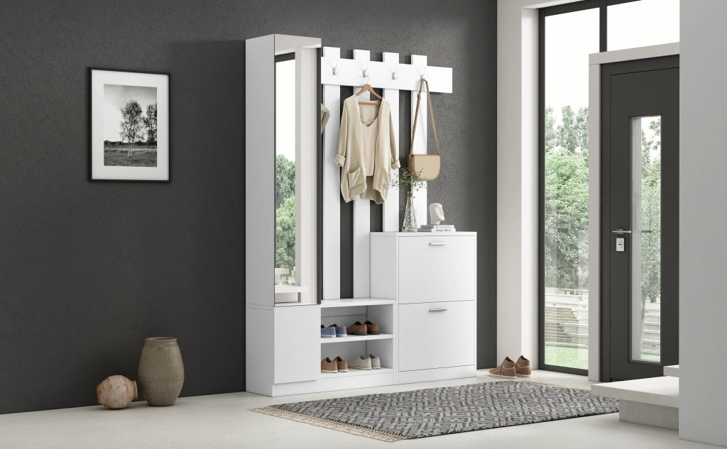 Mobile Ingresso con Specchio e Scarpiera Guardaroba Bianco 135x25x180 cm