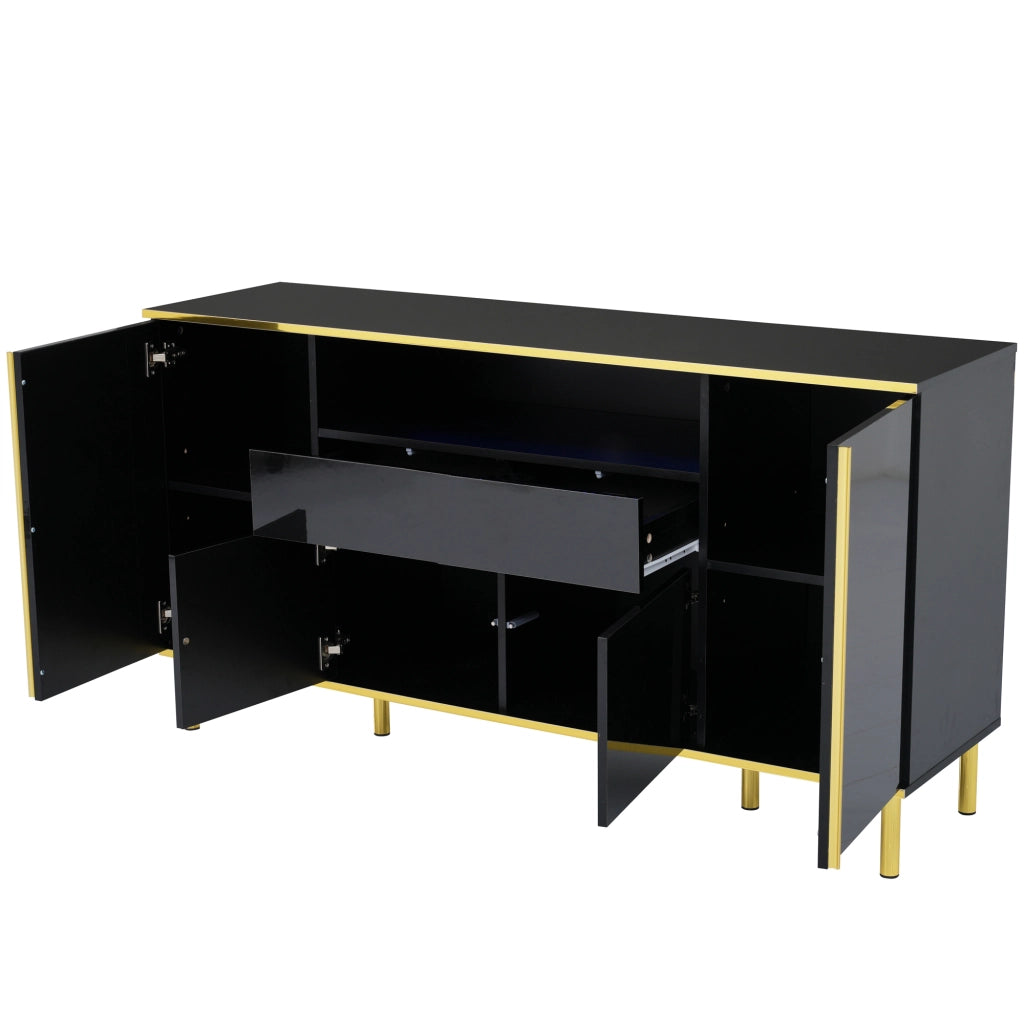 Sideboard nero lucido con LED; 150x40x80 cm; in MDF e truciolare