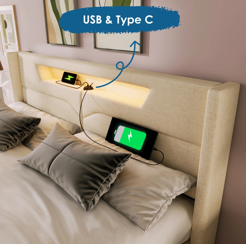 Letto matrimoniale imbottito 140x200 cm in lino beige con LED, USB e Type-C