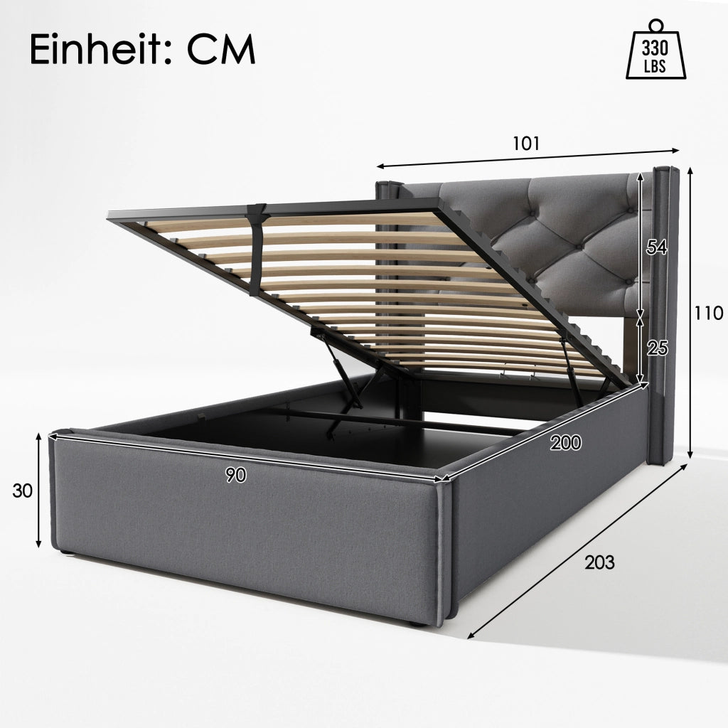 Letto singolo imbottito 90x200 con contenitore e rete sollevabile; cotone grigio