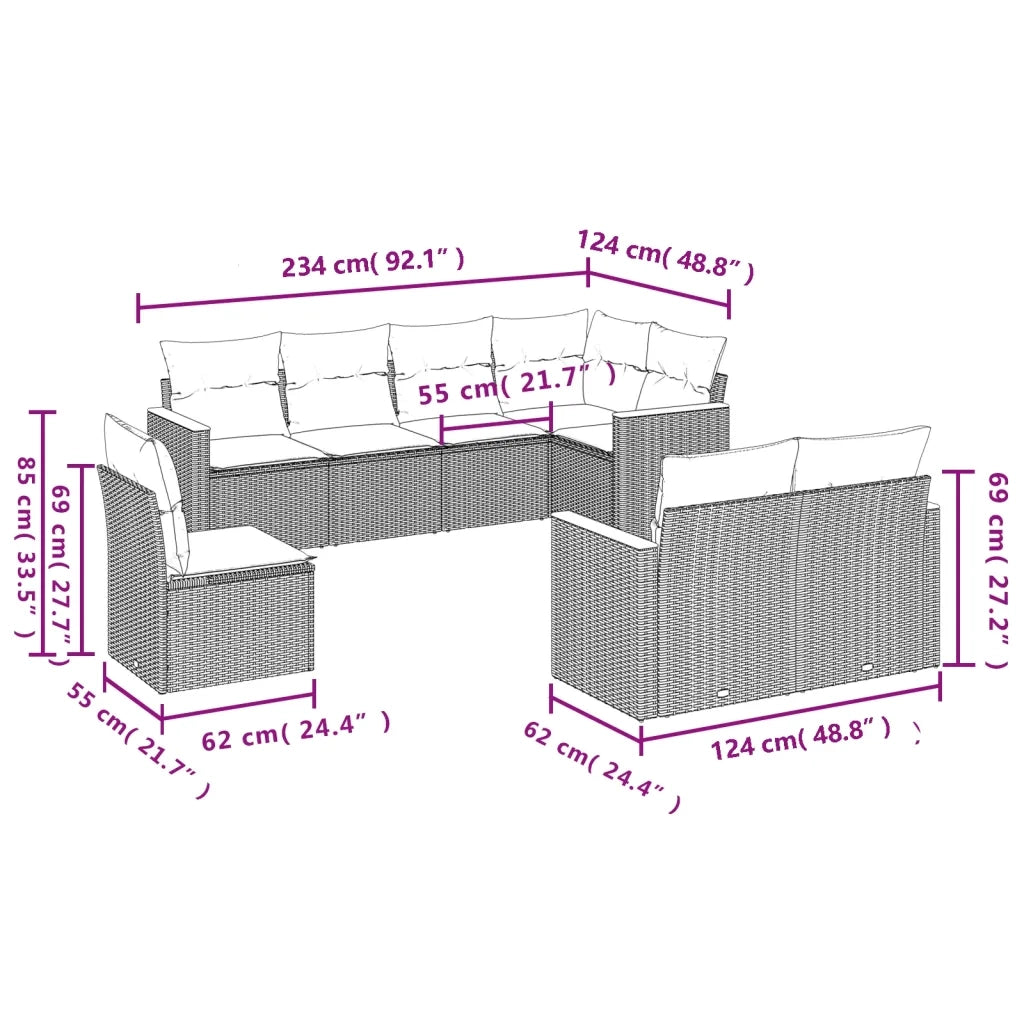 Set Divano da Giardino 8 pz con Cuscini Beige in Polyrattan