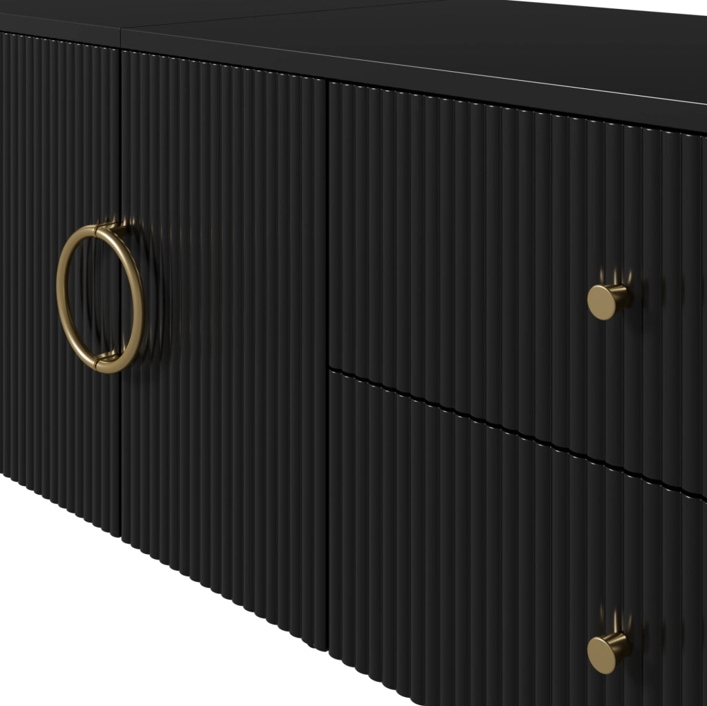 Mobile TV 180x40x38 cm con cassetti e ante ondulate in MDF nero