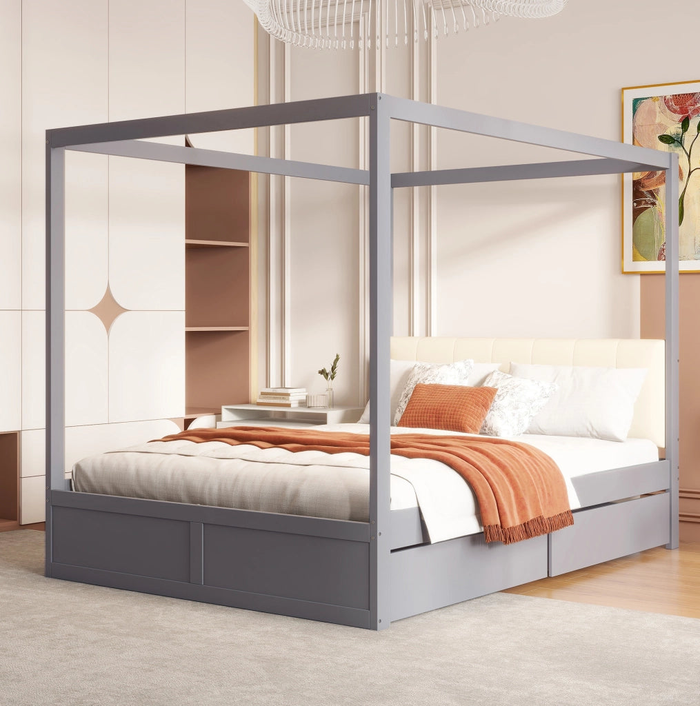 Letto 140x200 cm con 2 cassetti e schienale imbottito in legno