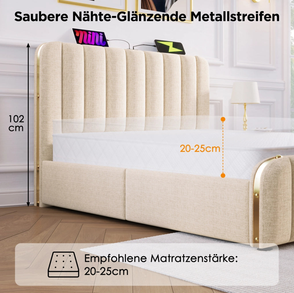 LETTO Contenitore 180x200 cm Beige in lino con USB Type-C