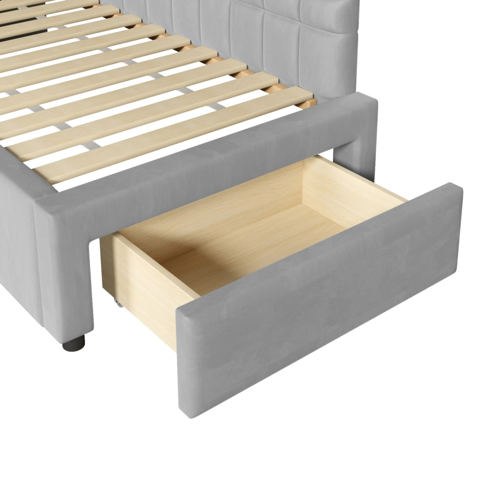 Letto angolare imbottito grigio con estraibile e cassetti 90x200 cm