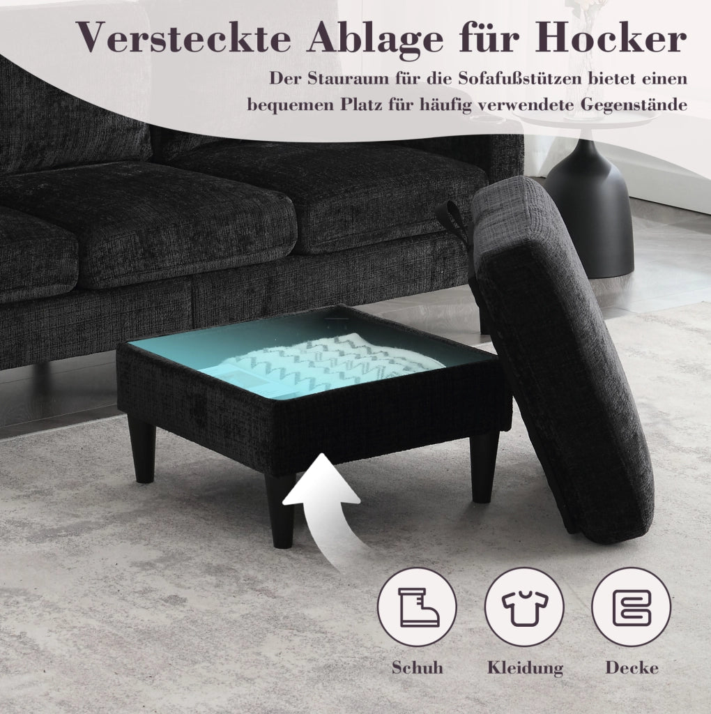 DIVANO 4 POSTI CON POUF CONTENITORE 196,5x75x77 cm CHENILLE NERO