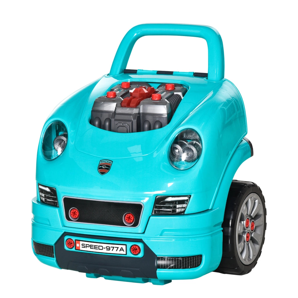 Officina Camion Giocattolo per Bambini 3-5 Anni a 61 Pezzi con Maniglia, in ABS e PP, 40x39x47 cm, Nero e Azzurro