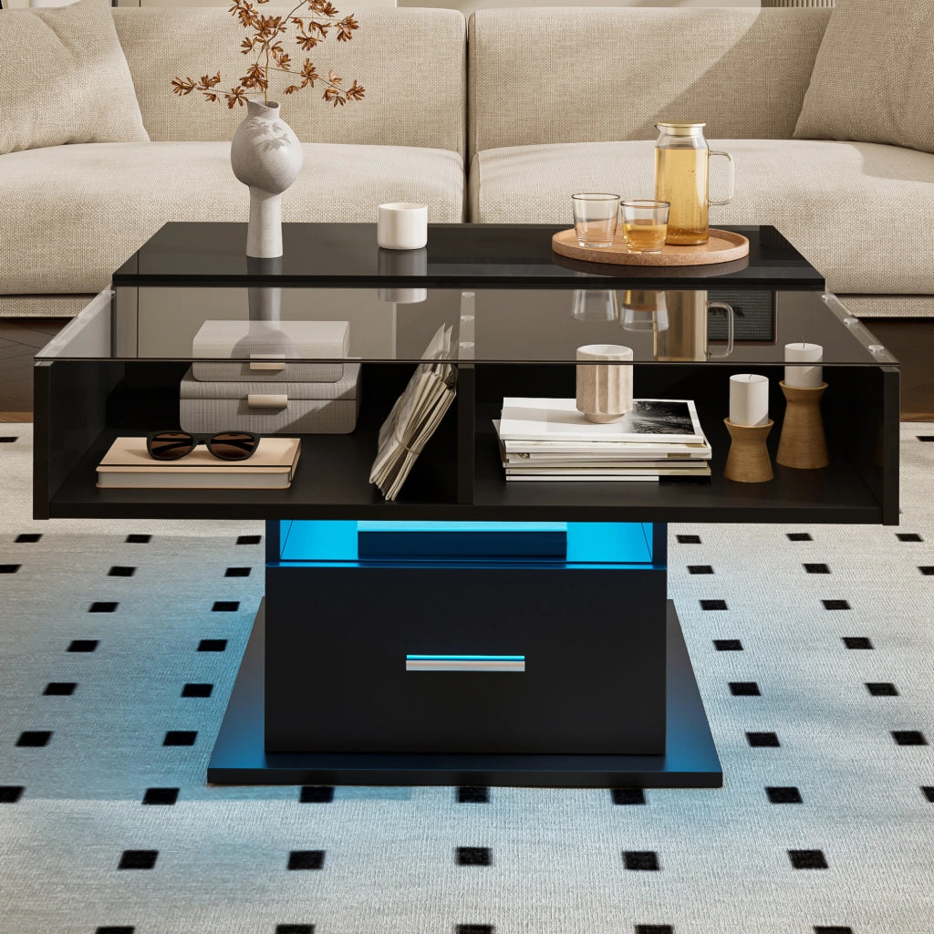TAVOLINO da caffè alzabile 78x78 cm nero con LED e contenitore