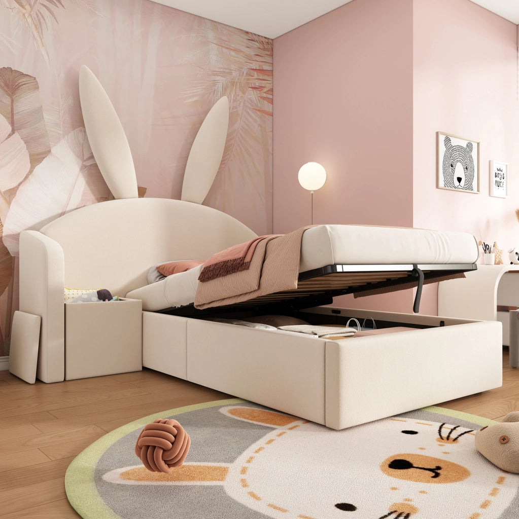 LETTO 90x190 cm per bambini in velluto beige con contenitore e comodino