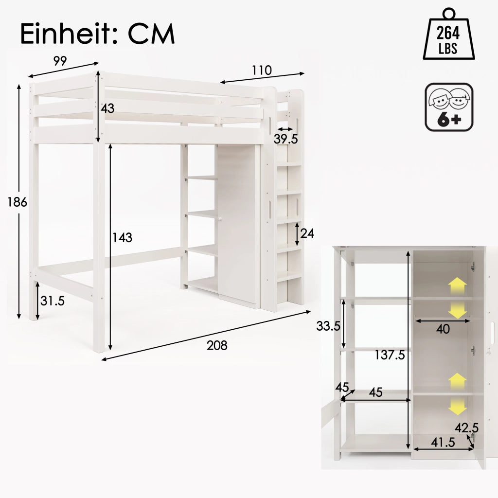 Letto a soppalco per bambini 90x200 cm; bianco con armadio e 6 scaffali