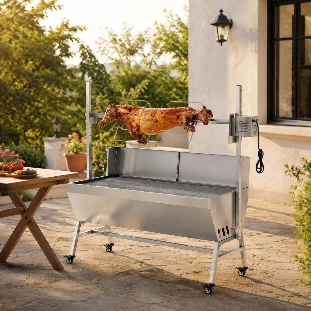 Rotisserie Grill 38 W Suckling Pig Grill Lamb Grill Charcoal Grill (1218 Mm Grilling Length) With 60 Kg Load Capacity & Wheels & 4-way Height Adjustment & Mudguard, Electric Grill Set For Camping